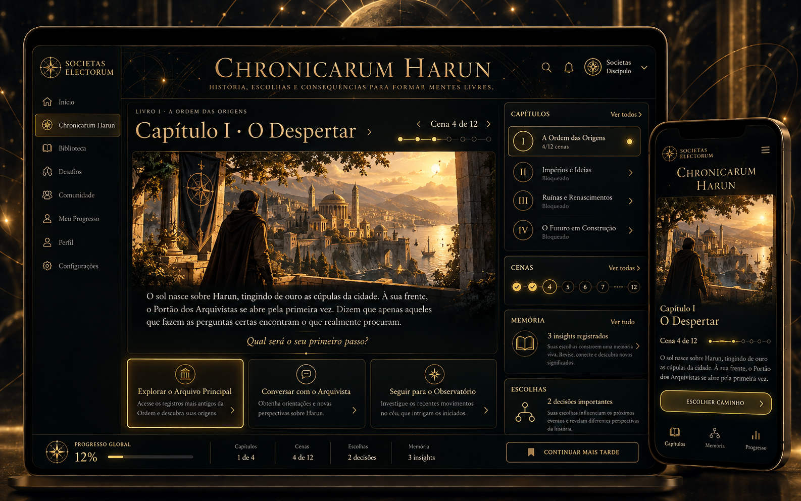Mockup do Chronicarum Harun em desktop e mobile, com capítulos, cenas e narrativa iniciática