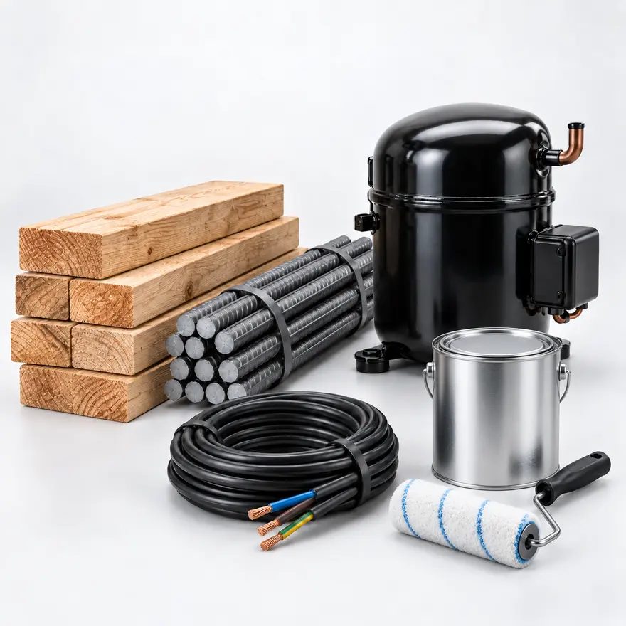 Industrial materials including timber, reinforcing steel, HVAC compressor, electrical cable and industrial coatings