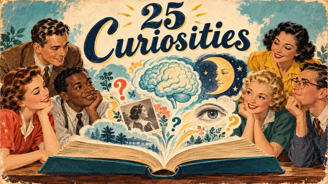 1940s-style illustration of readers exploring a book of brain and psychology curiosities