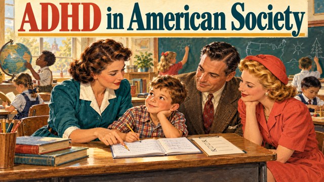 1940s classroom illustration of a teacher and parents supporting a child.