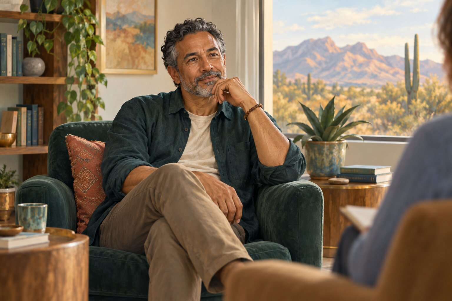 A mature man reflecting during a coaching conversation