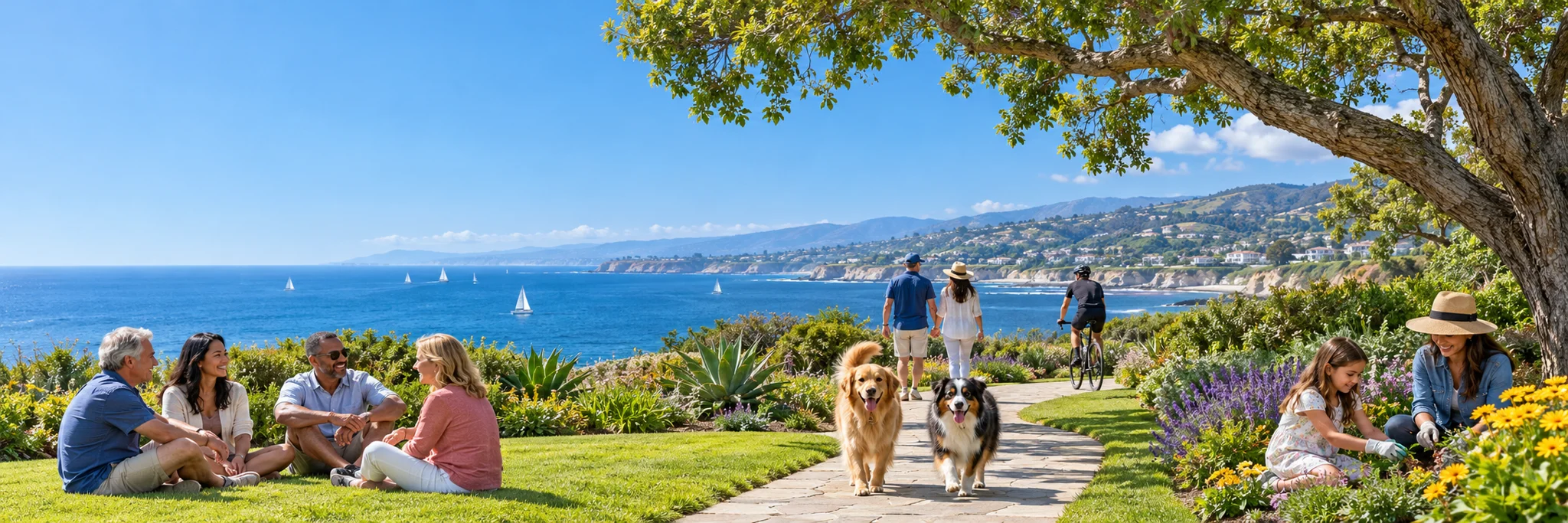 People enjoying conversation, walking, cycling, and gardening in a coastal park with two dogs