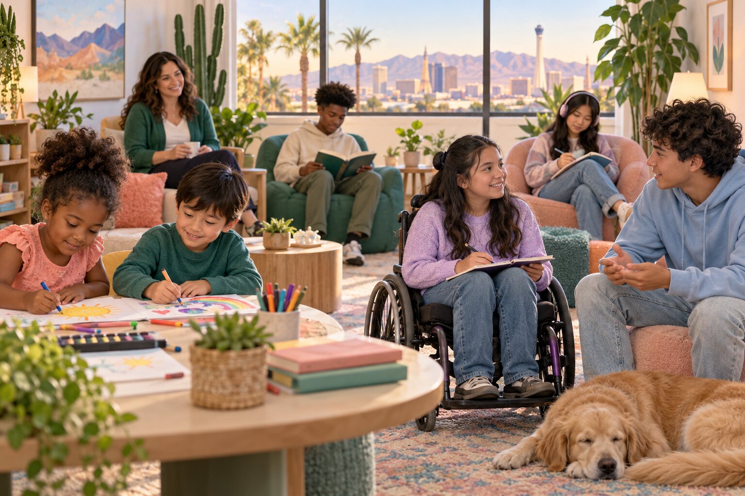 Diverse children and teenagers in a welcoming counseling setting