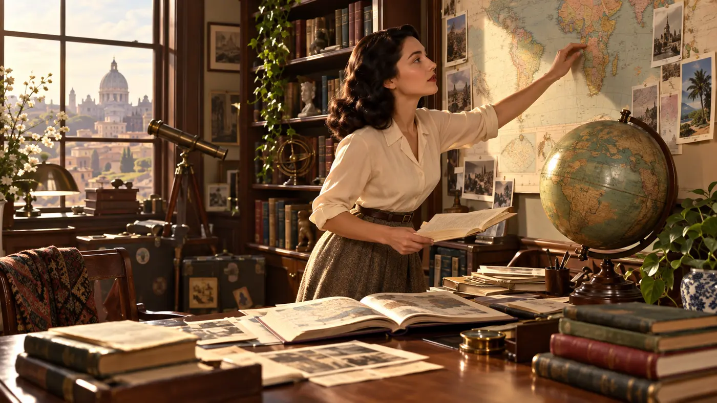 A woman studies a large map and travel photographs, suggesting curiosity and exploration.