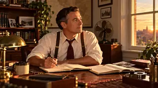A man writes and reflects at a desk in warm evening light, suggesting thoughtful self-inquiry.