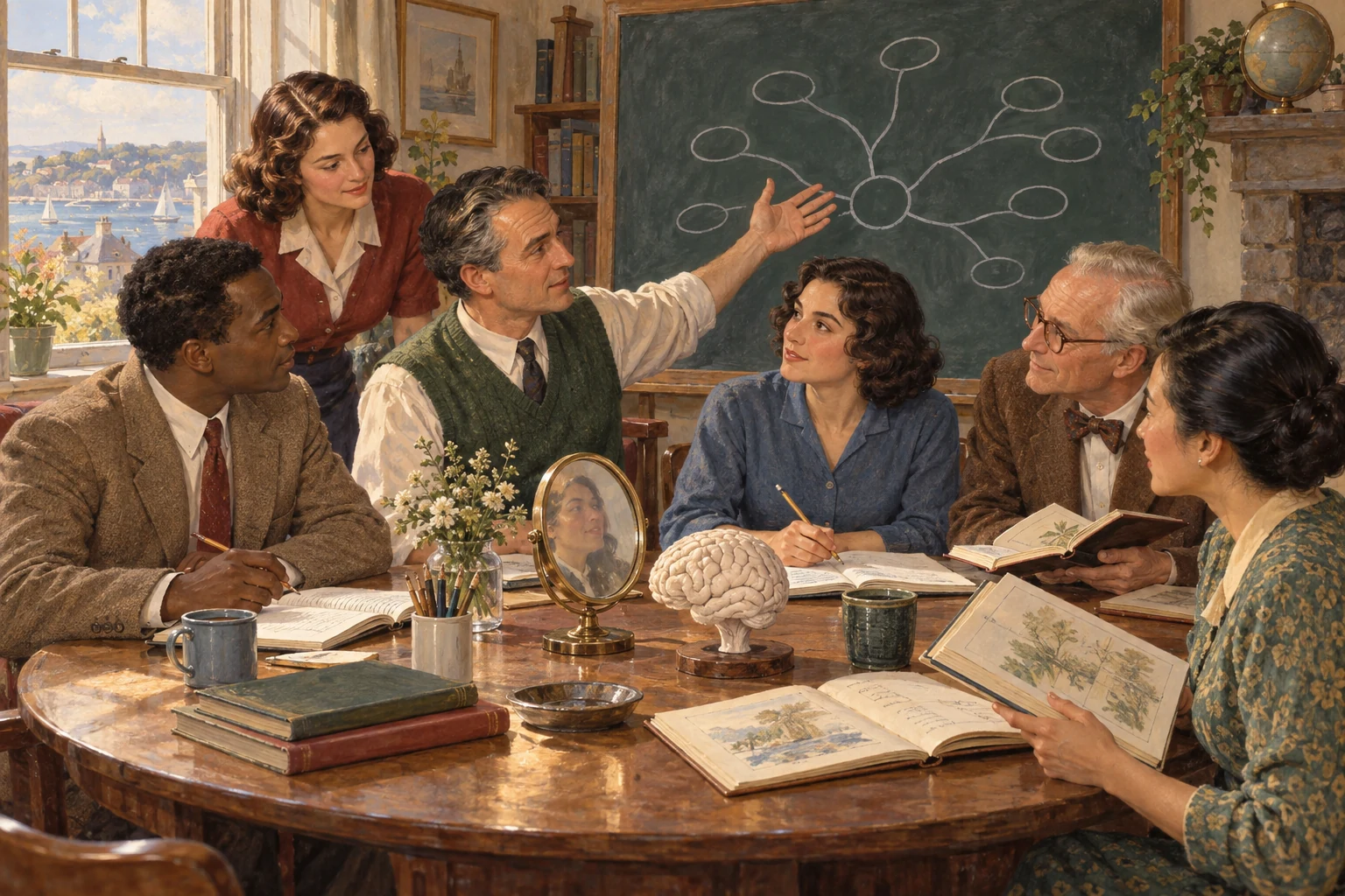 A diverse group explores ideas together around a table with a brain model and branching diagram, representing curiosity at the center of Emotional Intelligence improvement.