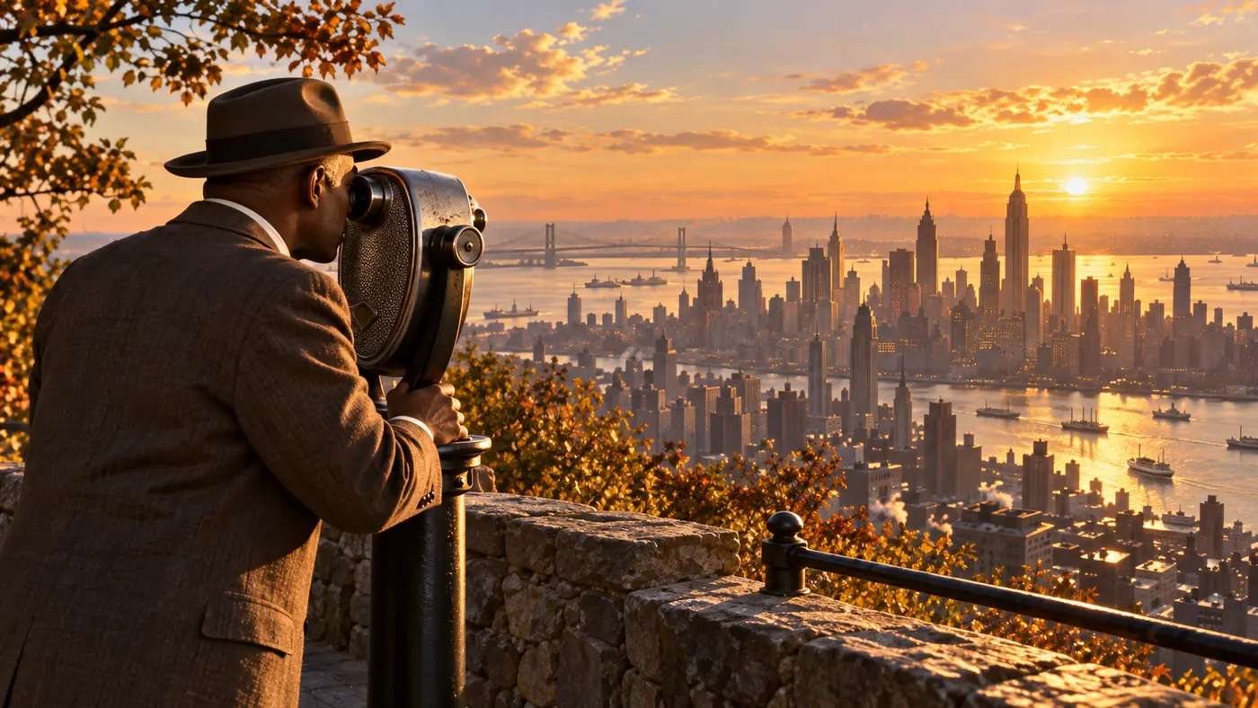A person looks across a city through an observation viewer at sunset, suggesting perspective and curiosity.