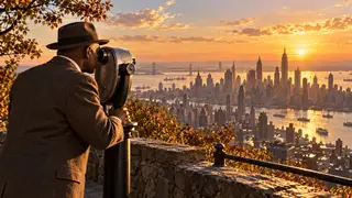 A person looks across a city through an observation viewer at sunset, suggesting perspective and curiosity.