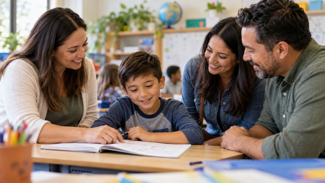 A teacher and parents supporting a child at a desk in a contemporary classroom.