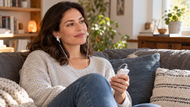 A woman in a contemporary home using a handheld stimulation device with ear clips.