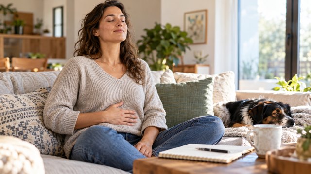 A woman practices calming her body before reflecting on her thoughts.