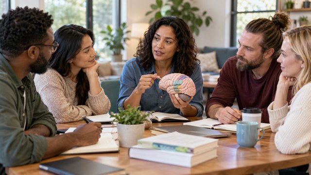A diverse group explores emotional learning together with a brain model and notebooks.