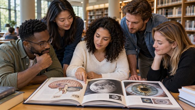A diverse group explores a science book together in a modern library.