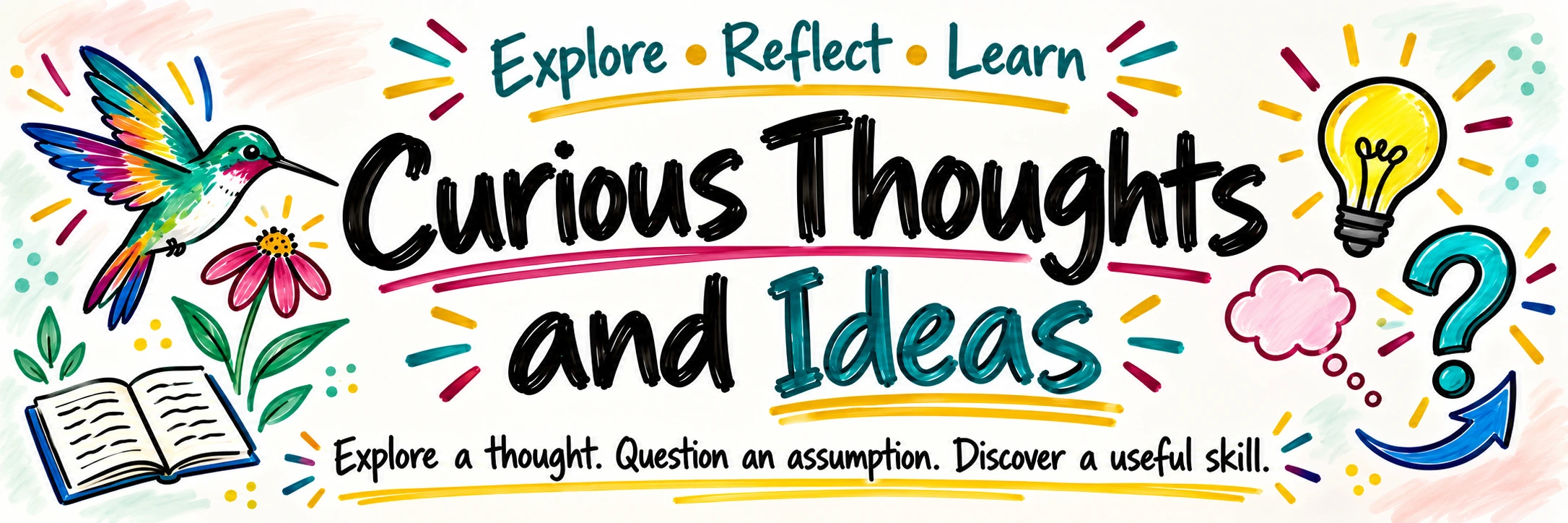 Explore, Reflect, Learn. Curious Thoughts and Ideas. Explore a thought. Question an assumption. Discover a useful skill. Colorful marker drawings include a hummingbird, flower, notebook, light bulb, thought bubble, and question mark.