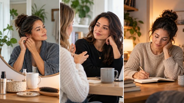 A woman practices curiosity through morning reflection, attentive conversation and evening journaling.