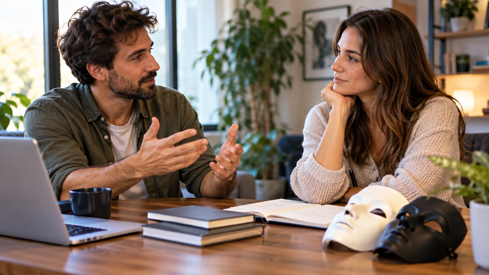 Two adults explore ideas at a desk with theatrical masks nearby.