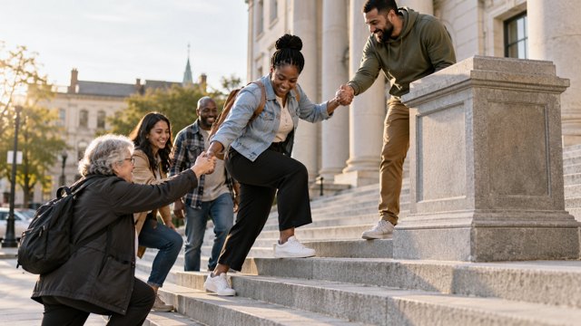 Neighbors help one another climb civic steps beside an empty pedestal.
