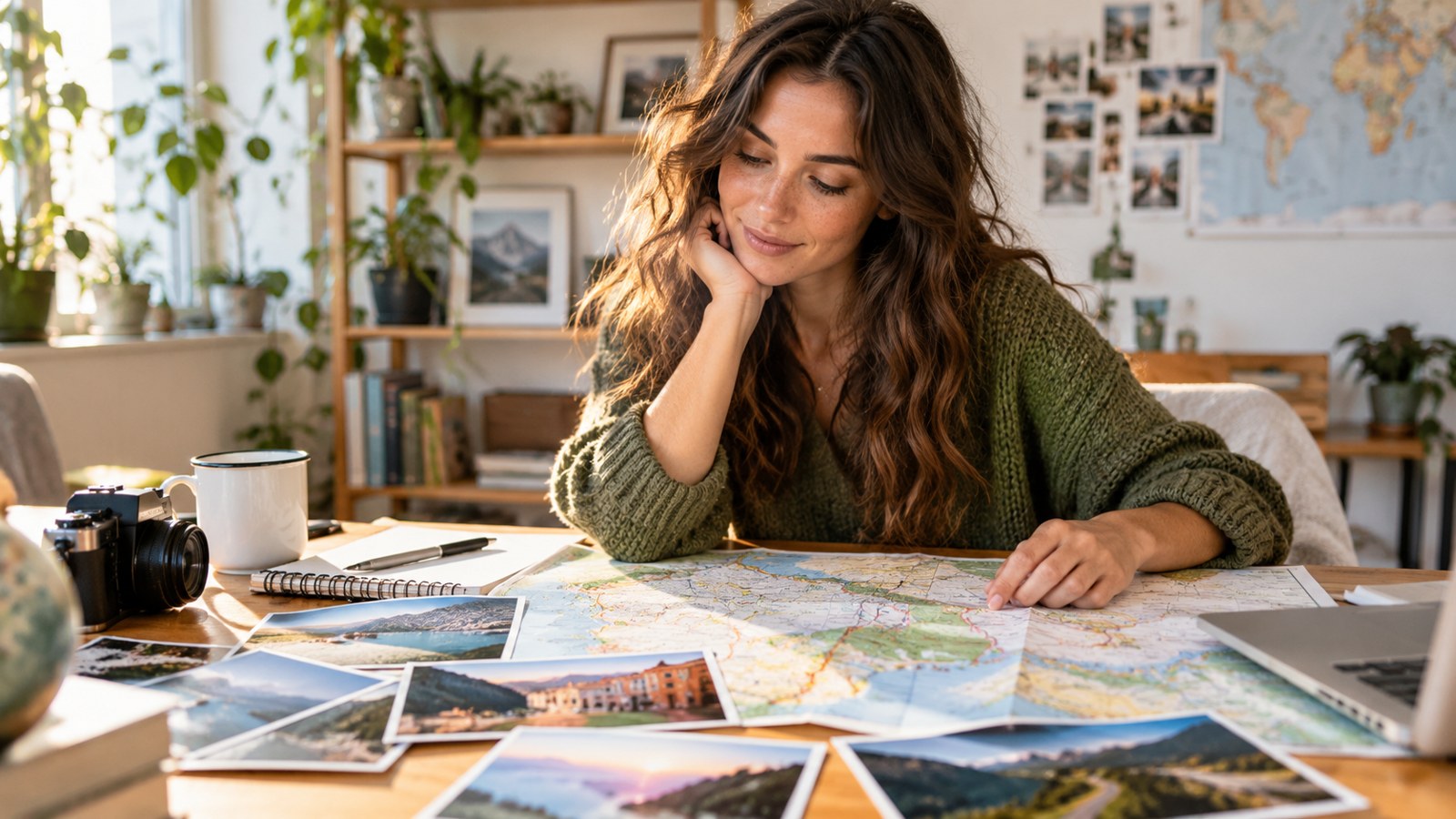 A woman studies a map and travel photographs at her desk.