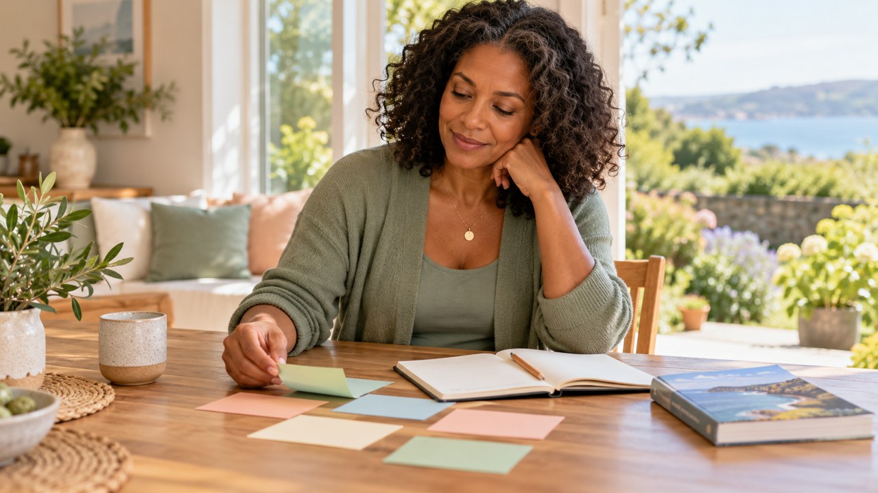 A woman arranges pastel planning cards beside an open notebook.