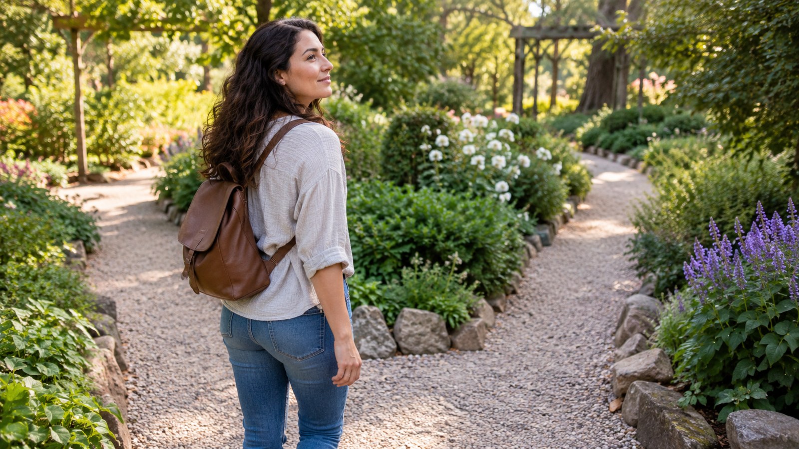 A woman thoughtfully explores a branching garden path.