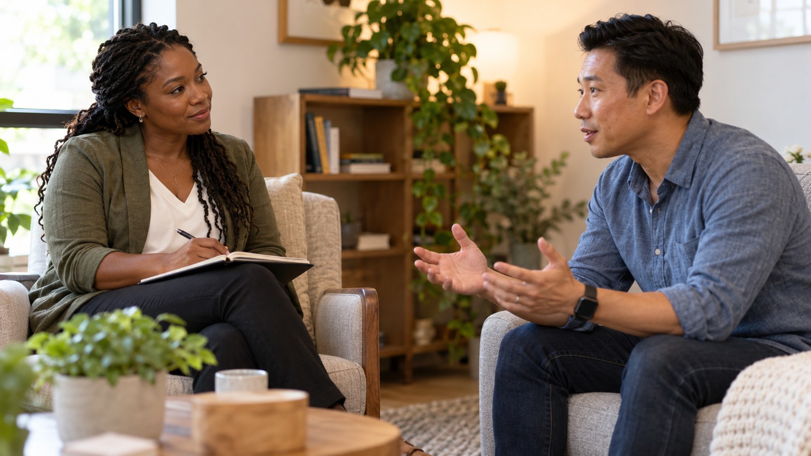 Two adults in a thoughtful, collaborative conversation in a welcoming contemporary office.