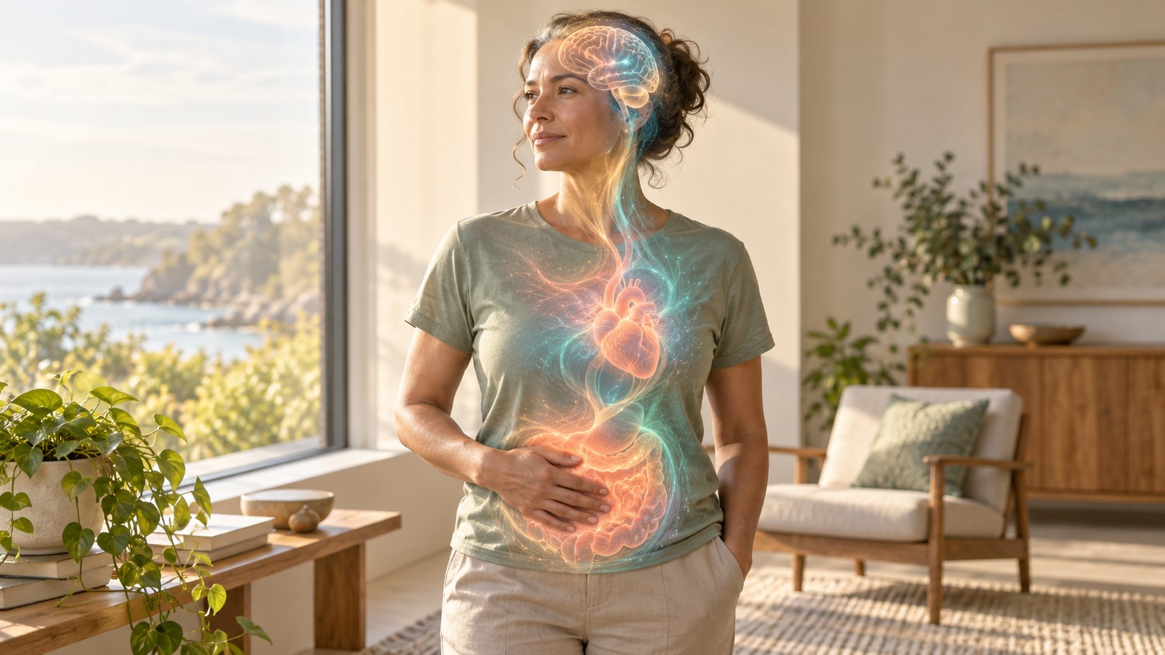 A person with a conceptual brain, heart, and abdomen overlay illustrating mind–body connections.
