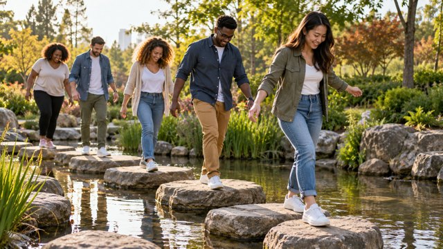 Adults in contemporary clothing mindfully follow stepping stones through a sunlit park.