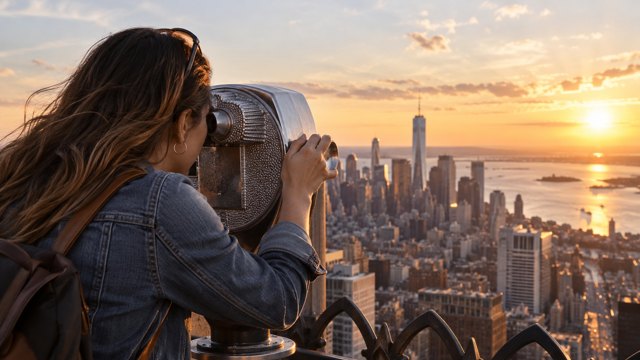 A woman in contemporary clothing looks across a city through an observation viewer at sunset.