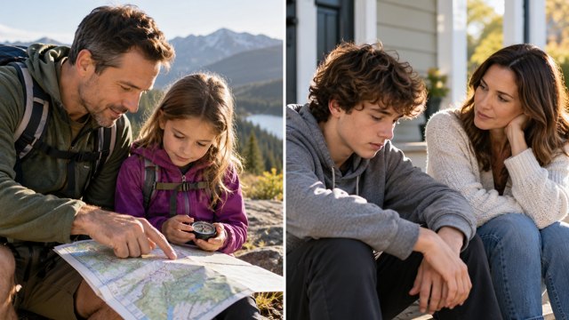 A parent teaches a child map skills, then supports an adolescent reflecting on a difficult social experience.