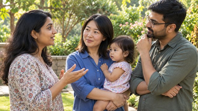 Indian and Chinese adults converse in a sunny garden while one holds a toddler.