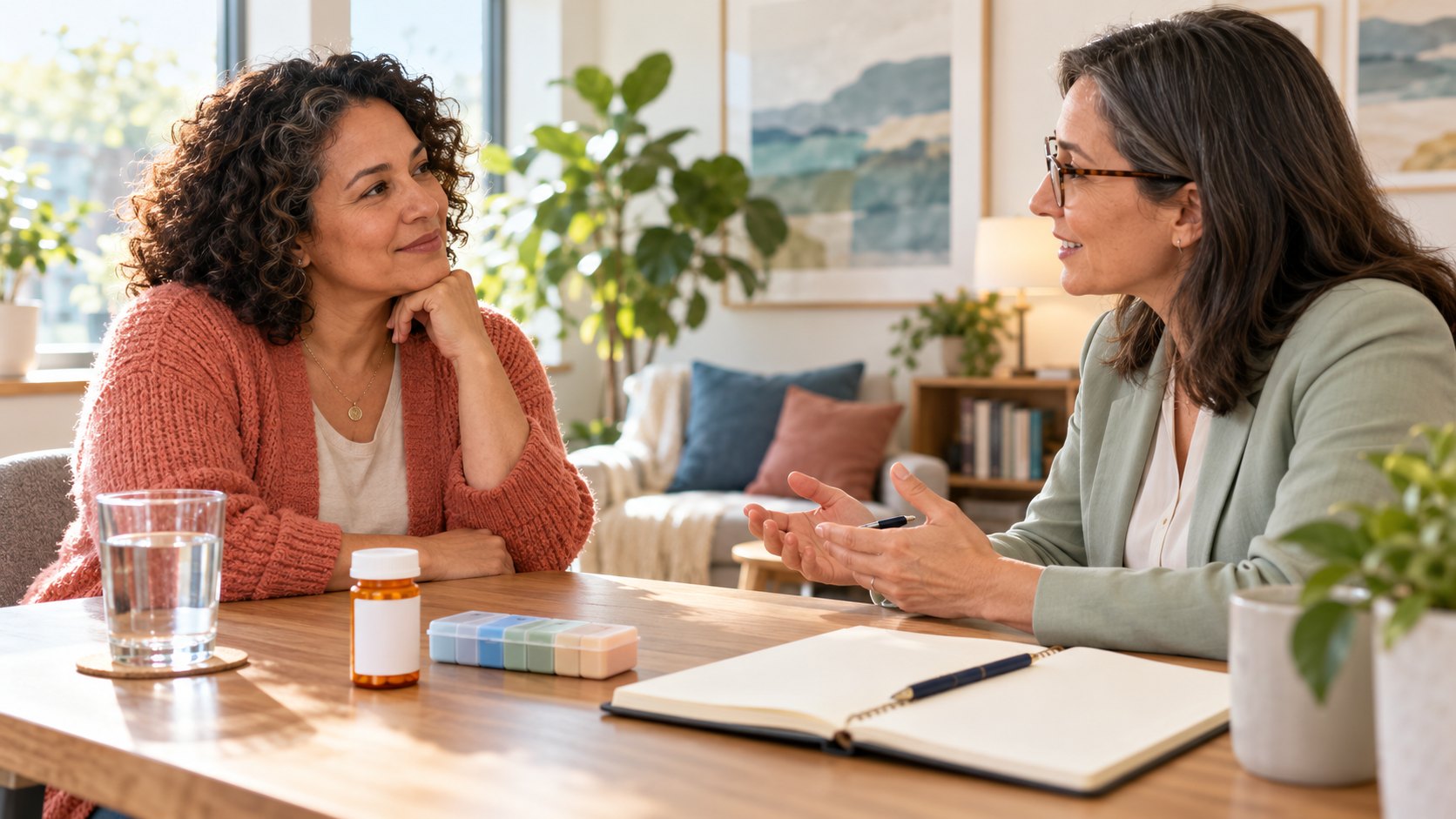 Two adults discuss treatment with a medication bottle and a notebook on the table, representing medication support and practical learning.