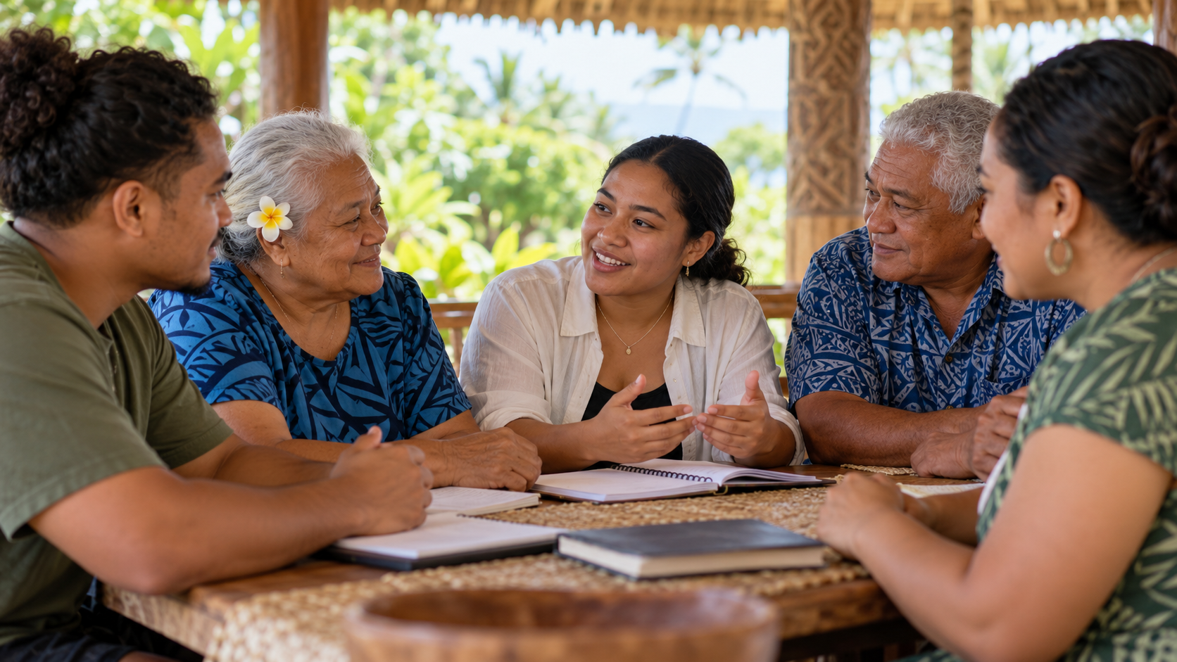 A multigenerational Samoan family shares conversation and knowledge with a young adult learner.