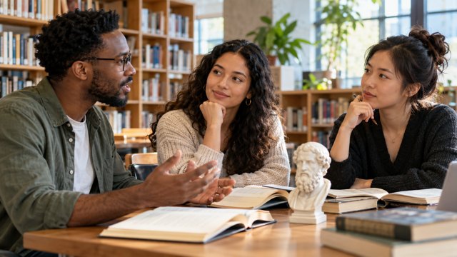 Three adults discuss ideas around open books in a contemporary library.
