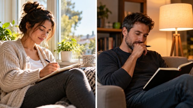 A woman journals in morning light and a man reflects in the evening in contemporary homes.
