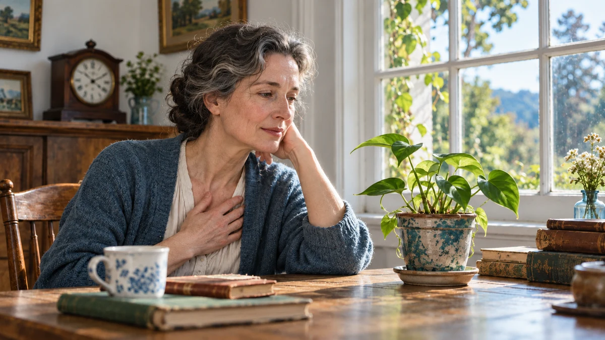 A thoughtful adult quietly observes a growing plant beside a sunlit window, with a clock in the background.