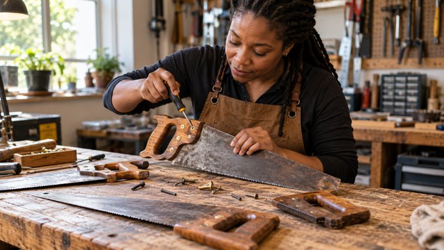 A craftswoman repairs a useful hand saw using parts of worn saws in a contemporary workshop.