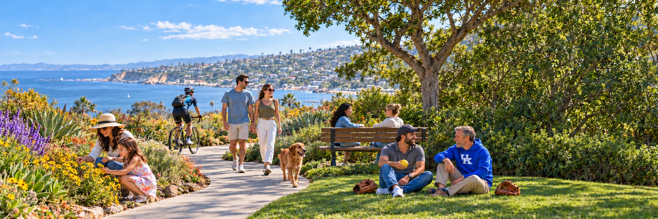 People walking, cycling, gardening, and enjoying conversation in a park