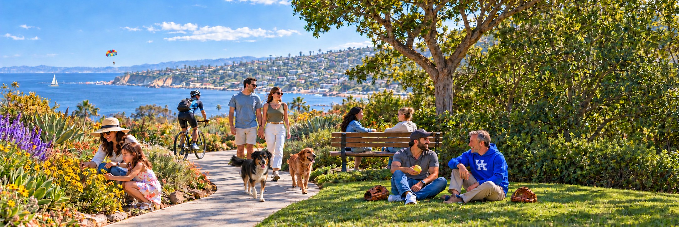People walking, cycling, gardening, and enjoying conversation in a park