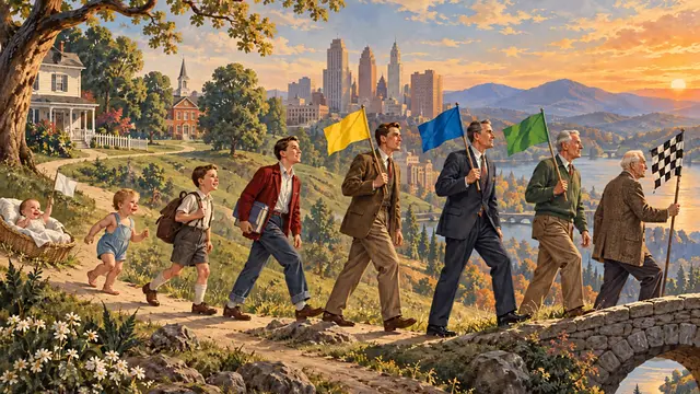 Life journey illustration showing stages from infancy to old age with white, yellow, blue, green, and checkered flags.