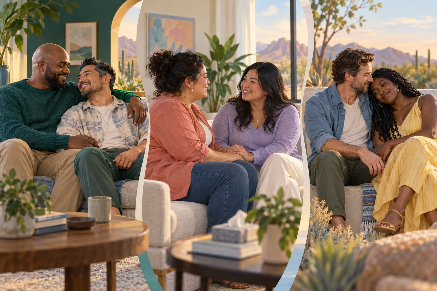 Diverse same-sex and opposite-sex couples sharing moments of connection