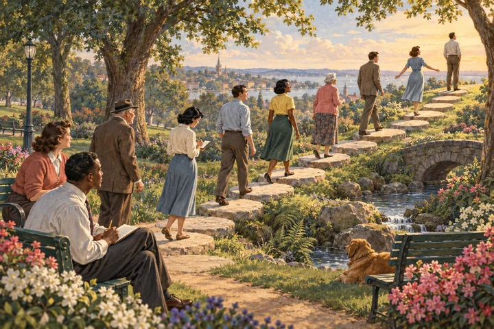 A diverse group follows stepping stones through a sunlit park, representing mindful curiosity.