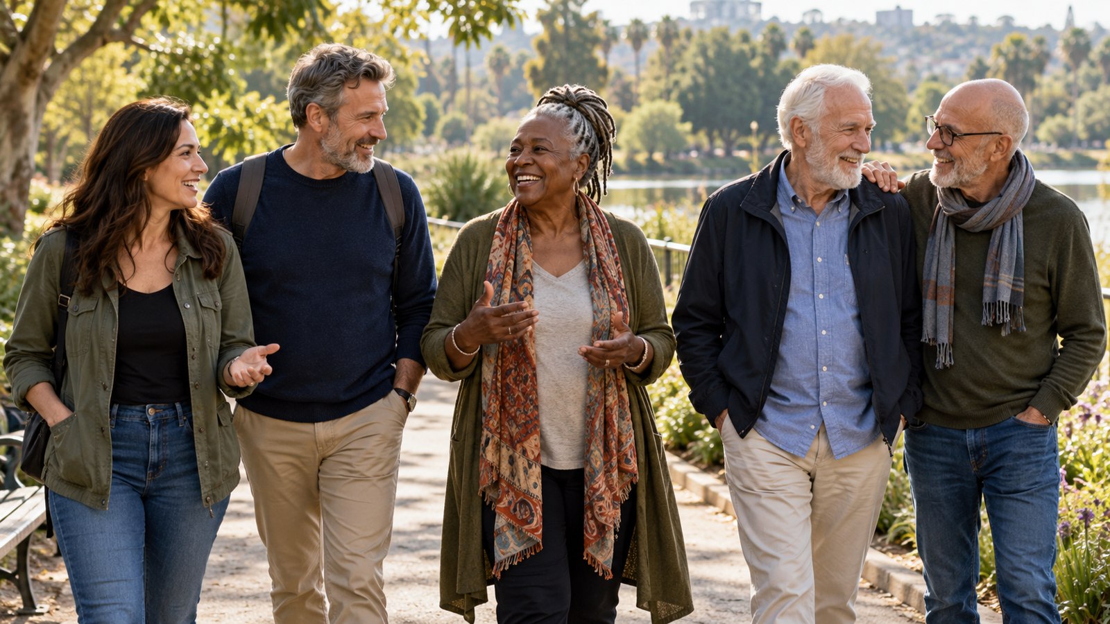 Adults of different ages enjoying conversation and connection in a park