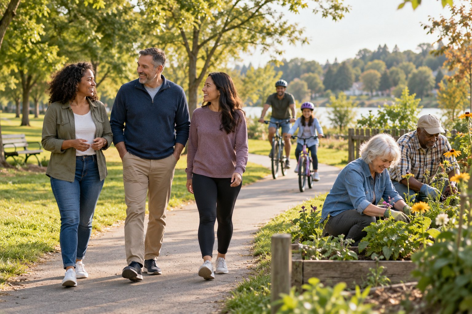 People of different ages walking, cycling, and gardening in a neighborhood park