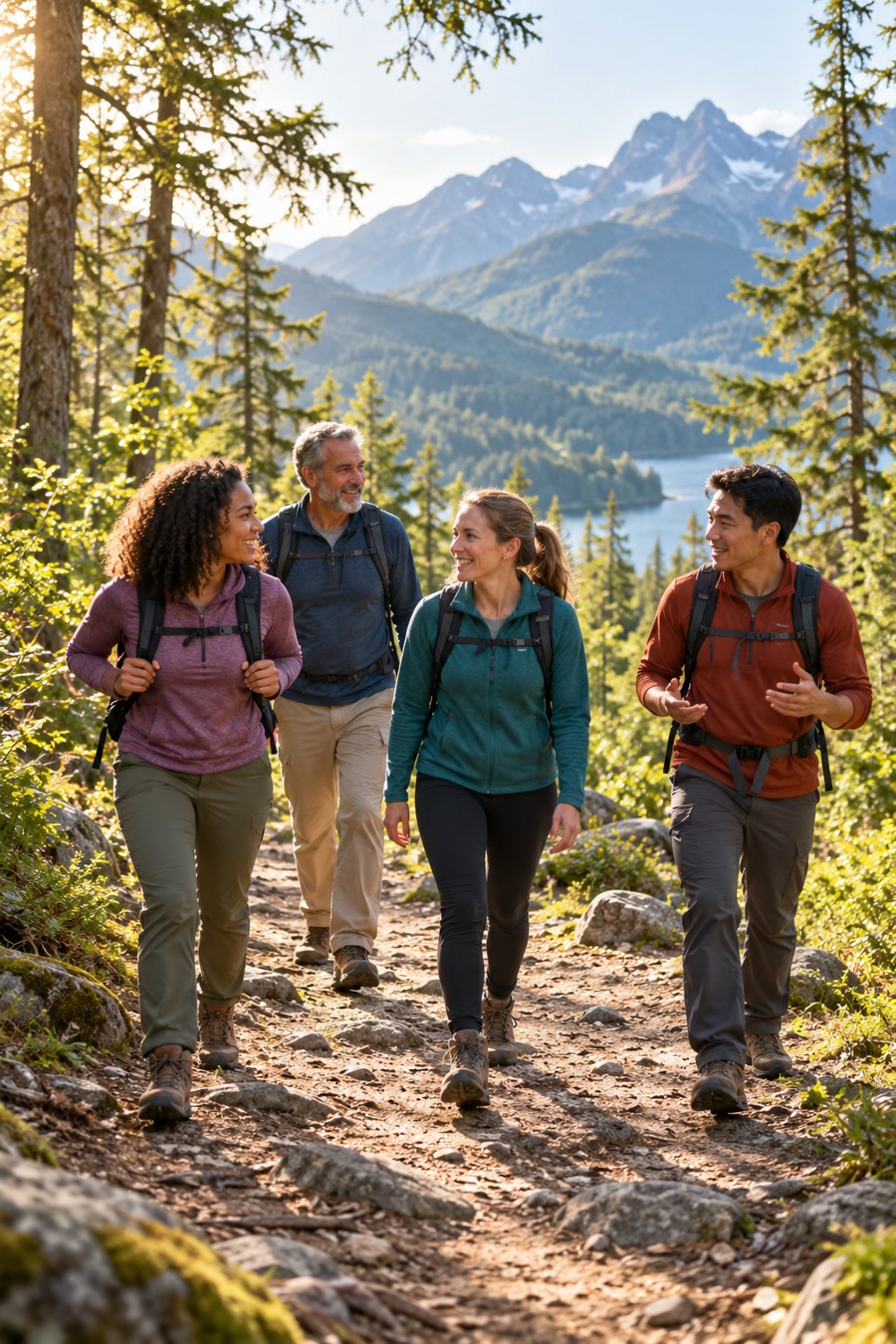 People hiking together on a scenic mountain trail