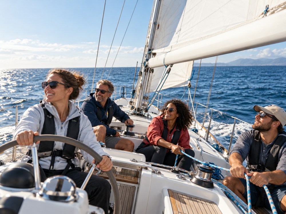 People enjoying sailing together on the ocean