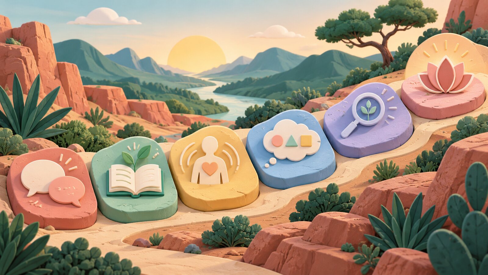 A colorful six-stage pathway through a desert landscape