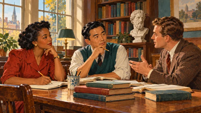 1940s reading-room illustration connecting Stoic reflection with emotional learning