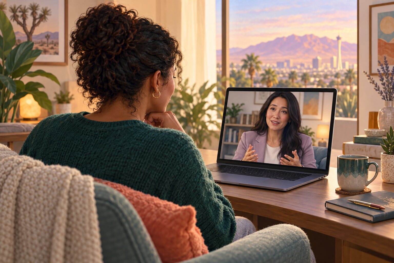 An individual at home speaking with a coach on a laptop screen