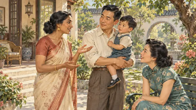 Three Indian and Chinese adults converse in a sunny garden, with one holding a child.