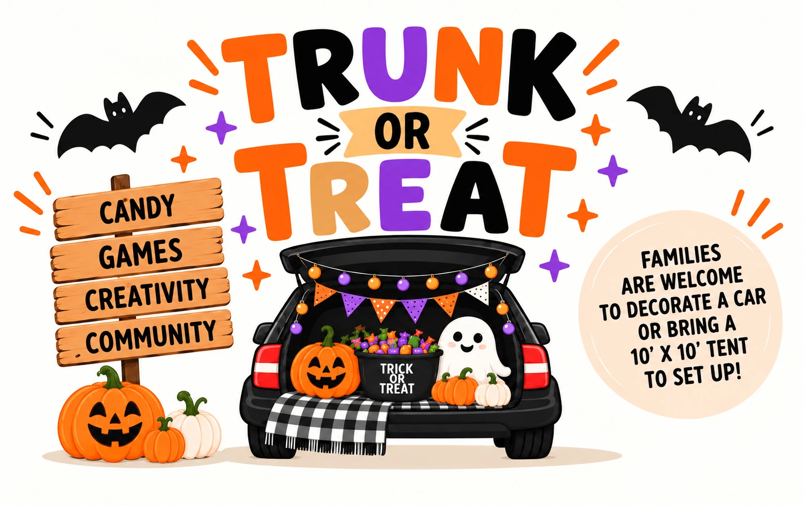 Holy Rosary Trunk or Treat — candy, games, creativity and community with a decorated car, pumpkins and ghost